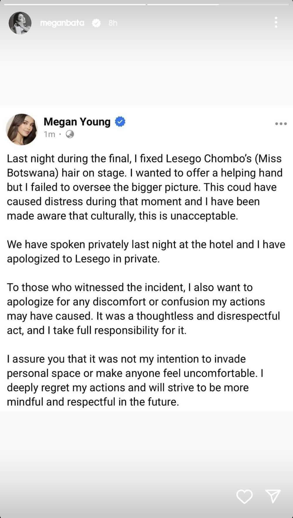 Megan Young, humingi ng sorry sa nangyaring insidente sa Miss World 2024