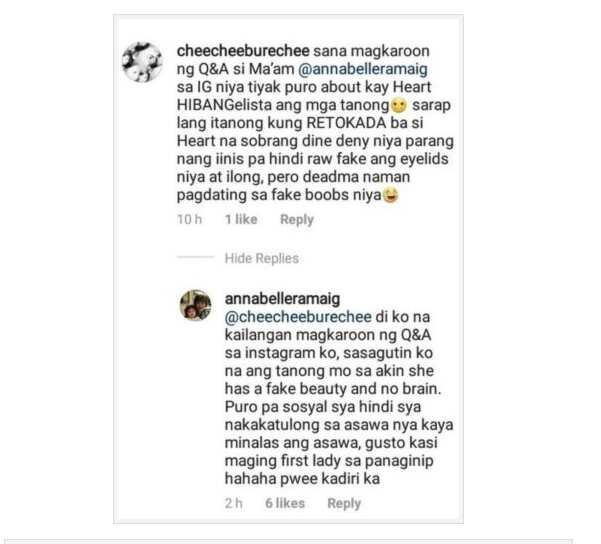 Annabelle Rama allegedly responds to a netizen about Heart Evangelista