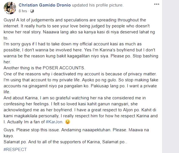 Boyfriend ni PBB housemate Karina Bautista, may mensahe kay Aljon Mendoza