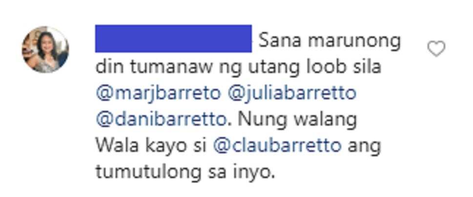 Gretchen Barretto reacts to netizen's comment on Claudine's post about Marjorie and Julia Barretto
