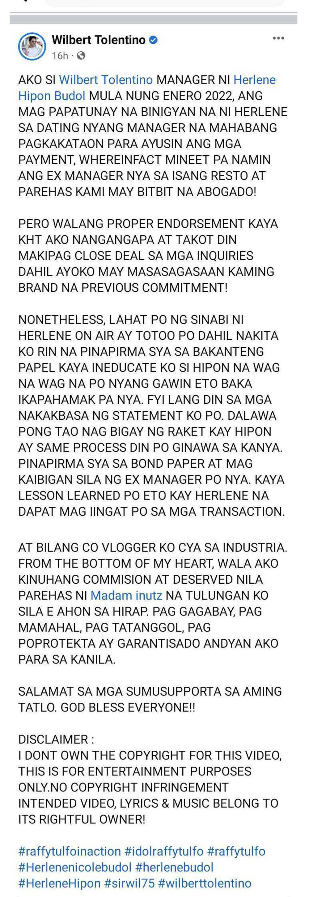 Wilbert Tolentino, sinabing totoo ang lahat ng naging pahayag ni Herlene Budol