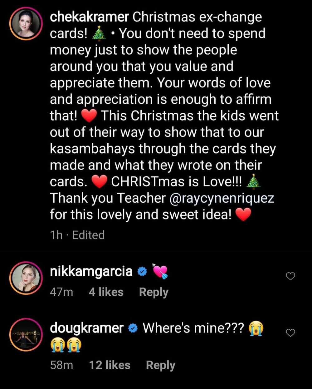 Nikka Garcia reacts to Chesca Kramer's recent post about Christmas