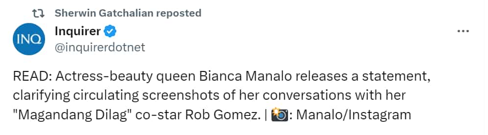 Sen. Win Gatchalian, ni-repost ang statement ni Bianca Manalo ukol sa convos with Rob Gomez