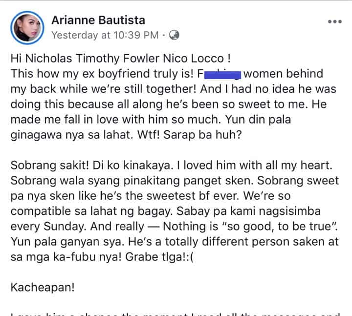 Arianne Bautista posts screenshots of messages regarding her cheating allegations against her ex-boyfriend