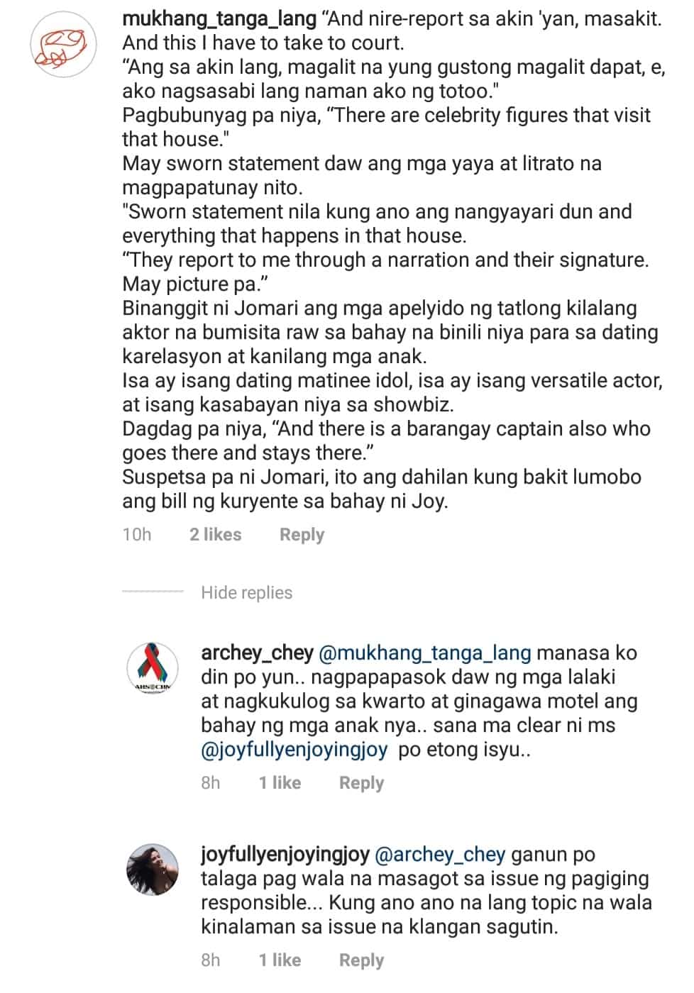 Joy Reyes claps back at Jomari Yllana’s speculation that she gets visits from 3 actors