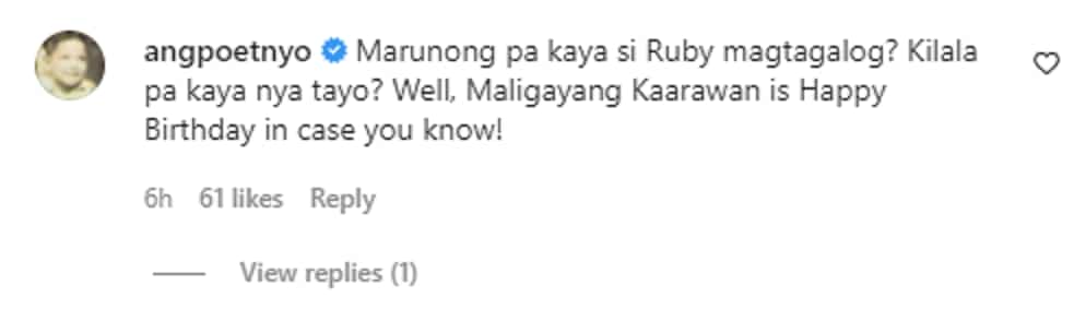 Joey de Leon reacts to Pauleen Luna's birthday greeting for Ruby Rodriguez: "Kilala pa kaya nya tayo?"