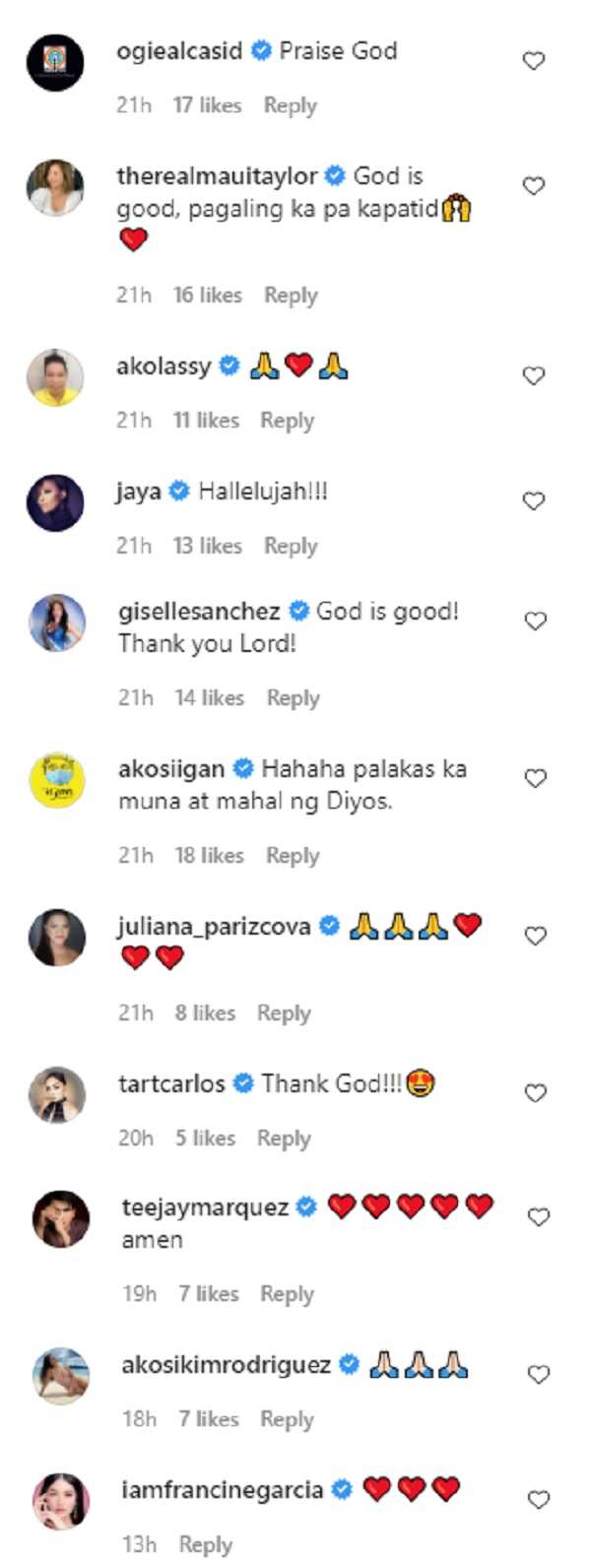 Celebs react after Ate Gay gives update on his condition: “Magaling na ako”