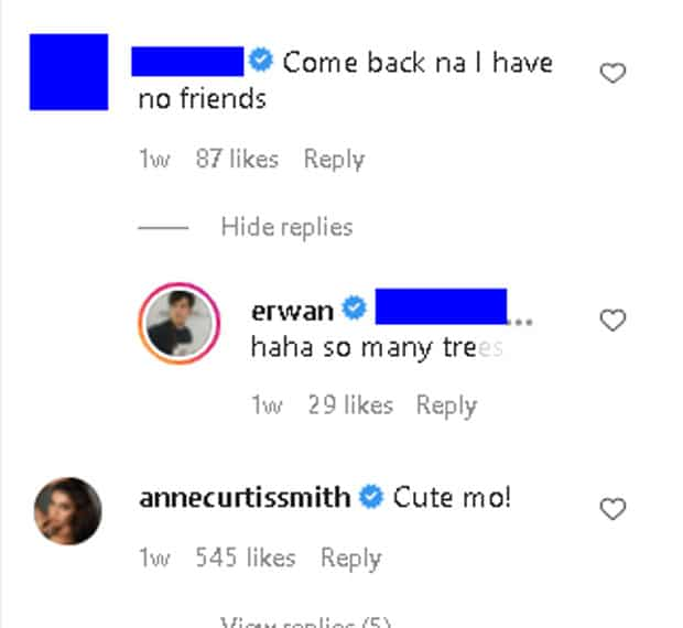 Anne Curtis immediately comments after a girl tells Erwan on IG "come back na"