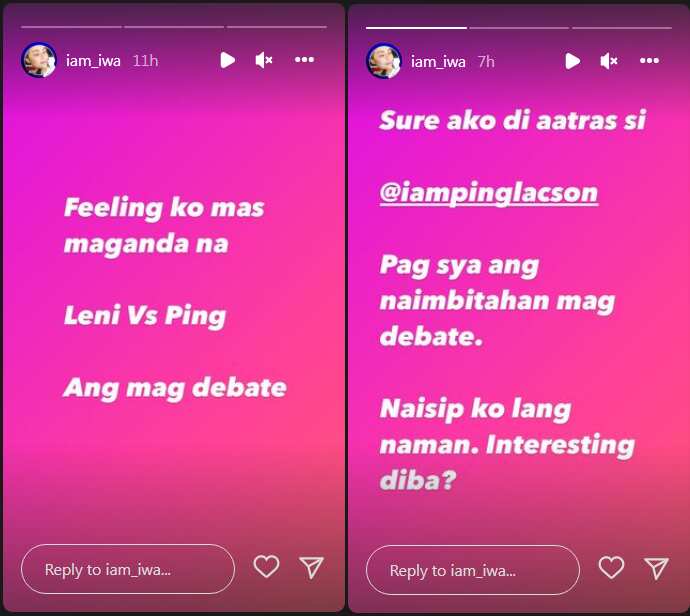 Iwa Moto, feeling daw niya mas maganda kung Leni Robredo vs Ping Lacson ang mag-debate