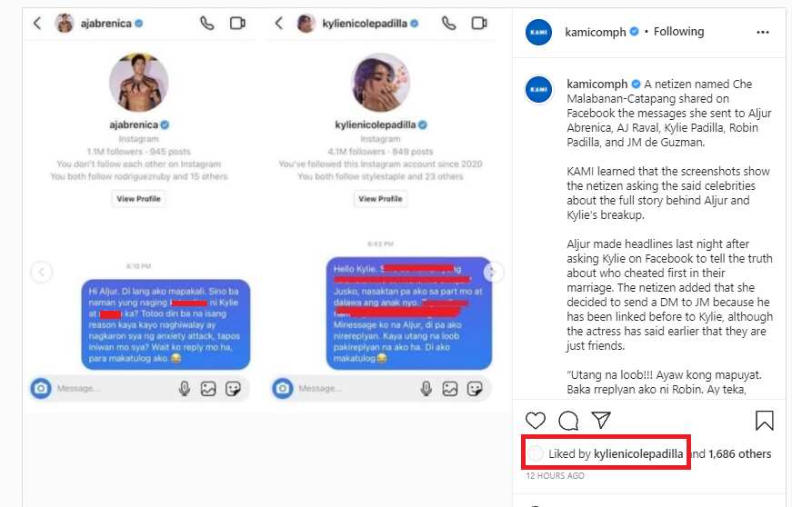 Kylie Padilla, ni-like ang post tungkol sa netizen na nag-DM sa kanya, kay Aljur, AJ, Robin, at JM de Guzman