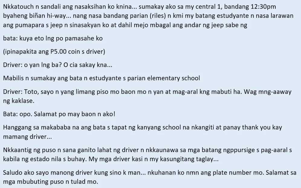 Sana lahat kagaya ni Kuya! Viral story of a jeepney driver's priceless reaction to a student who can't pay for his fare