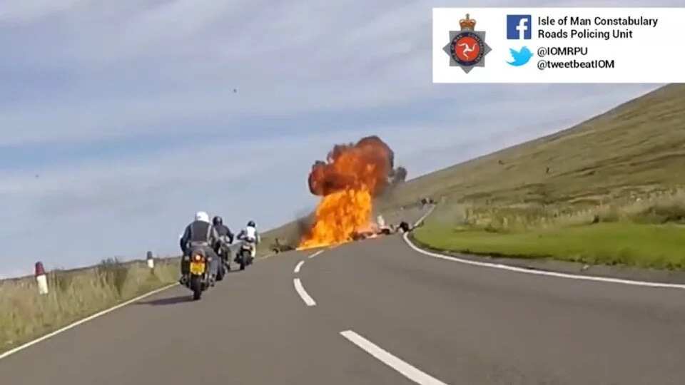 Watch motorcycle die in flames as his bike explodes in collision!
