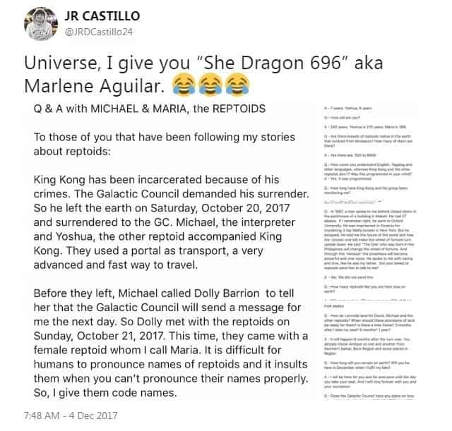 Walang naniwala! Netizens laugh off Marlene Aguilar's claim that current President Duterte is a reptoid alien