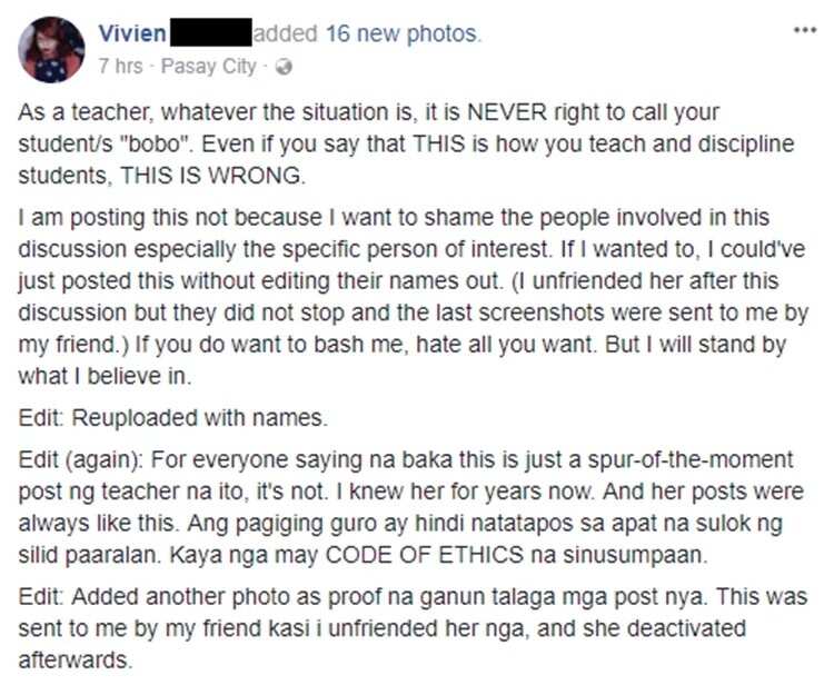 Teacher calls student as 'bobo' on social media