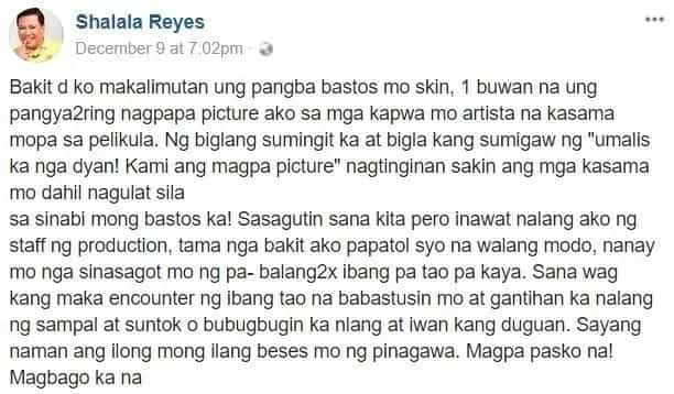 “Bakit d ko makalimutan ung pangba bastos mo skin,?" Shalala Reyes went on a rant on Facebook about a certain celebrity