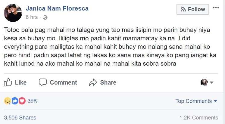Janica Nam Floresca posts emotional message for Franco