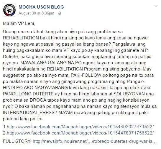 Mocha Uson responds to VP Leni on drug rehabilitation