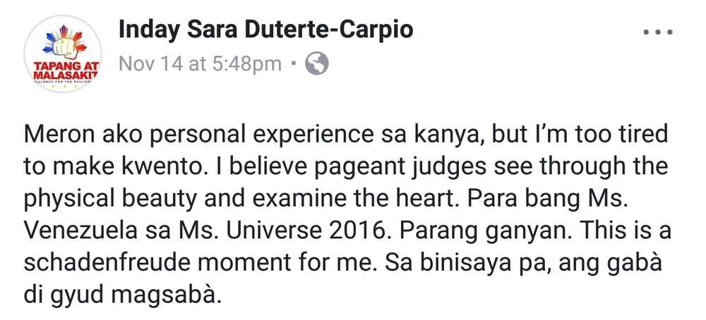 Inday Sara Duterte reacts to Mariel de Leon losing the Miss International 2017 pageant