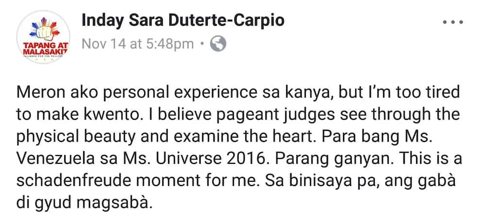 Inday Sara Duterte reacts to Mariel de Leon losing the Miss International 2017 pageant