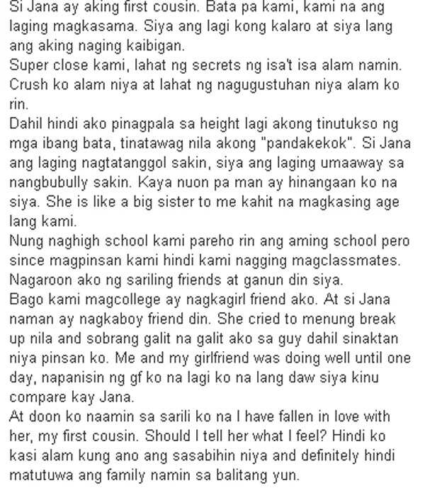 Help in love ako sa pinsan ko. Tunay na pag-ibig sa maling tao.