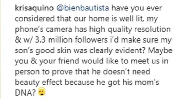 Maganda lang daw talaga ang kutis nila! Kris Aquino responds to netizen who asked about the 'beauty effect' she used in Bimby's photo