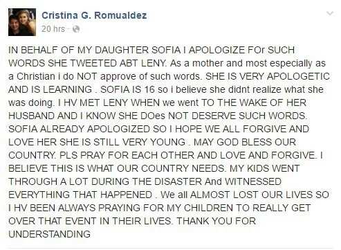 Cristina Romualdez: "Leni does not deserve such words"
