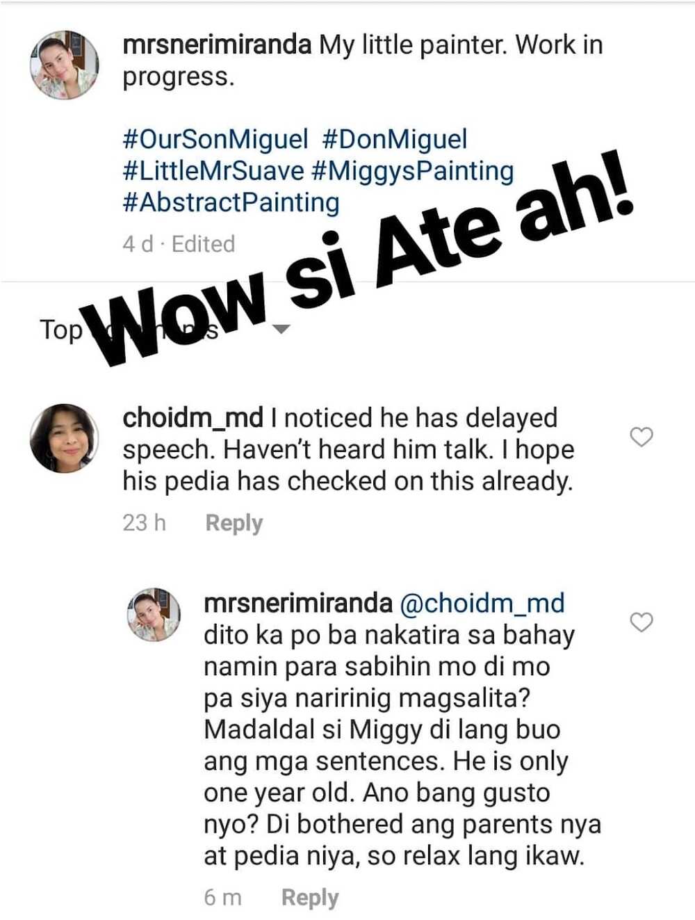 Laging inis si misis! Neri Miranda lashes out at a netizen's comment on 'delayed speech' of Baby Miggy