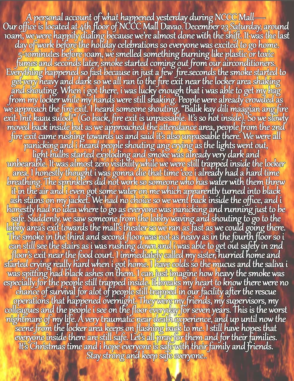 "Nasabi ko sa sarili ito na ang kamatayan ko” NCCC fire survivors recounted the horror that they experienced during the tragic incident "Nasabi ko sa sarili ito na ang kamatayan ko” NCCC fire survivors recounted the horror that they experienced during the tragic incident