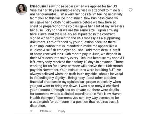 Kris Aquino fired back against netizen who implied that she is a bad boss to her household staff