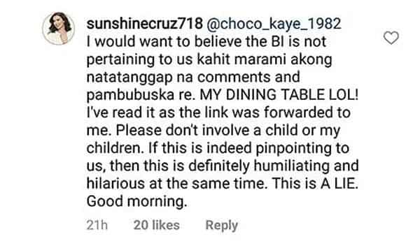 Sunshine Cruz says dining table blind item does not pertain to her and Macky