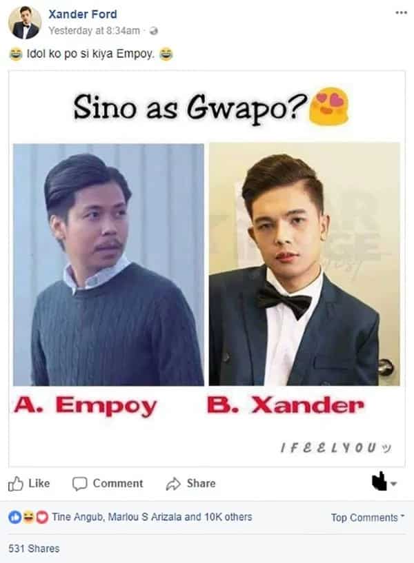 Xander Ford posted a controversial photo comparing himself to Empoy Marquez