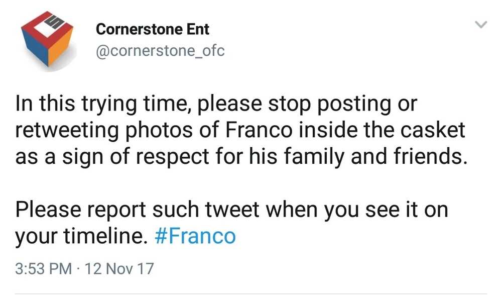 Cornerstone and Franco's gf request netizens not to upload photos of him in the coffin