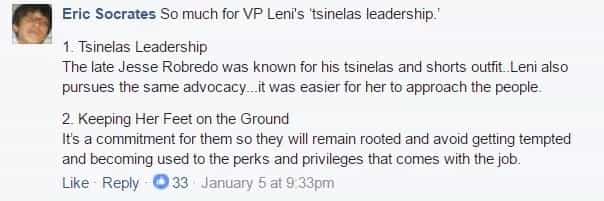 A Facebook user reminded Leni of her promised Tsinelas leadership. (Photo credit: Facebook)