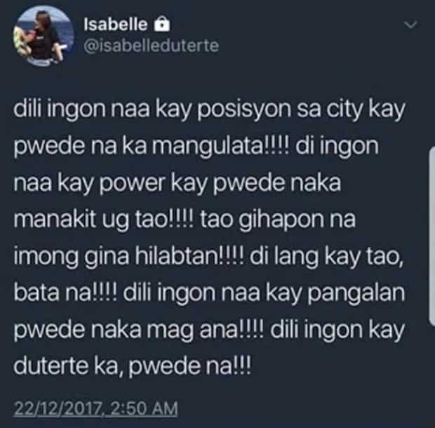 Is Isabelle Duterte going against her father, Vice Mayor Paolo Duterte?