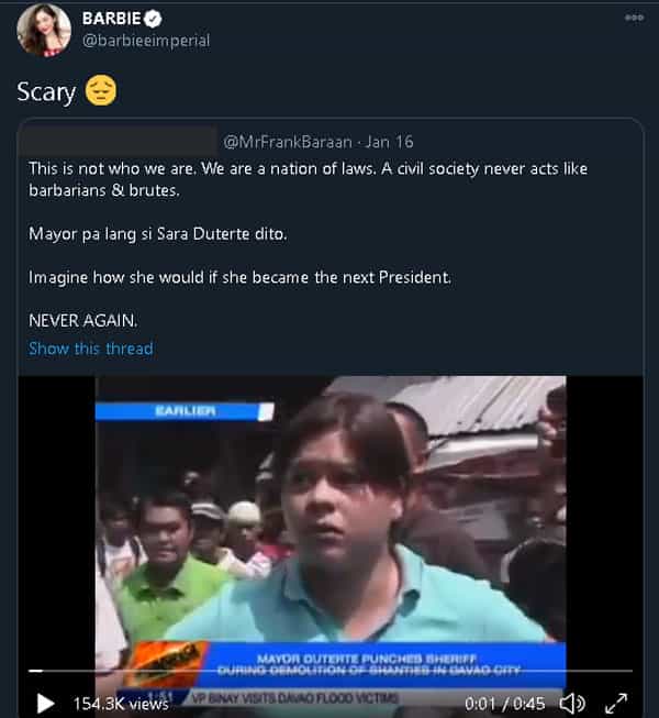 Barbie Imperial reacts to old video of Mayor Sara Duterte and sheriff during demolition