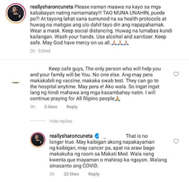 Sharon Cuneta, nagbigay ng mahabang lecture sa netizen na akala'y mayayaman lang ang makakapagpabakuna