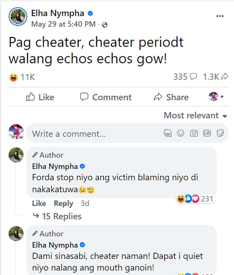 Elha Nympha, cryptic talak niya sa social media, viral: “Pag cheater, cheater period”