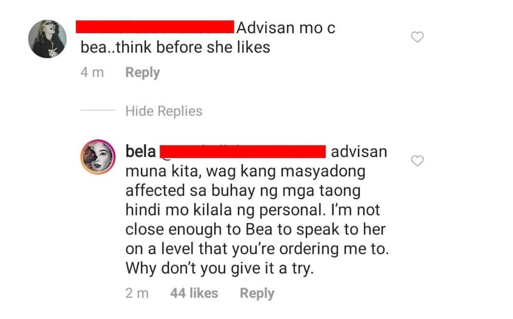 Bela Padilla slams netizen who told her to advise Bea to ‘think before she likes’