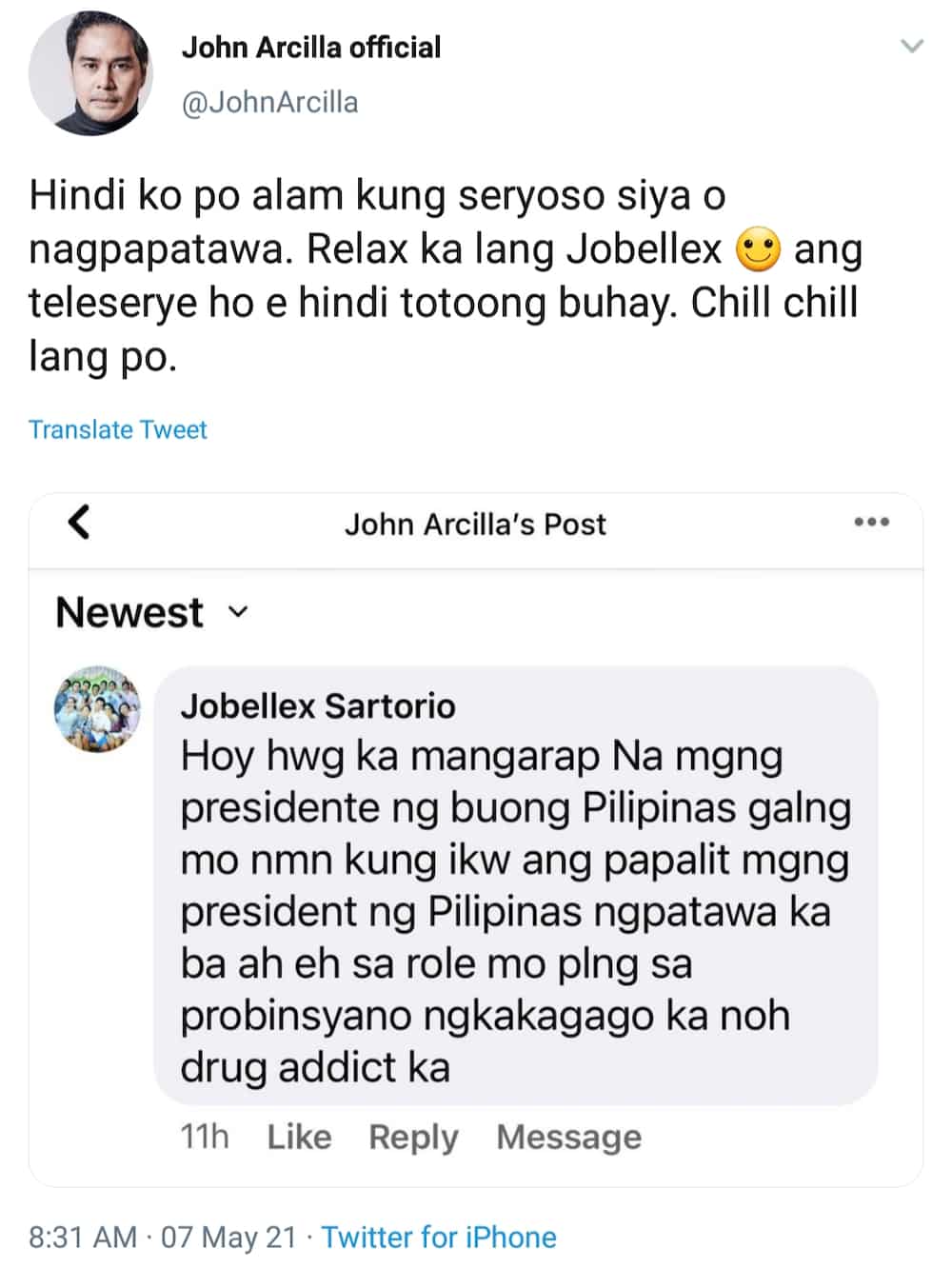 John Arcilla, umalma sa pang-iinsulto ng basher sa role niya: "Di ko alam kung seryos sya"