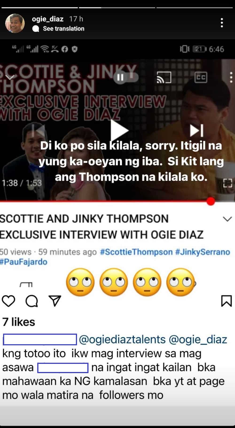 Ogie Diaz refutes rumor that he interviewed Scottie Thompson and wife Jinky Serrano