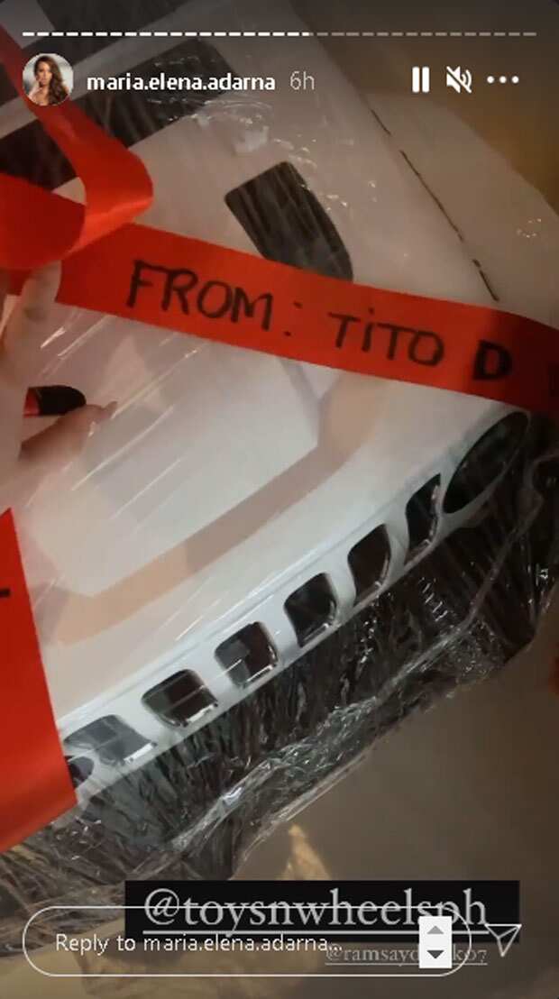 Derek Ramsay gives Elias giant remote control car, labels it: "From Tito D"