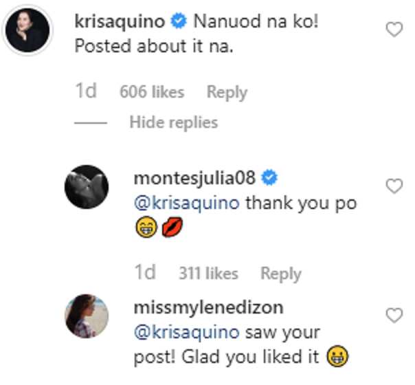 Kris Aquino reacts to Julia Montes' latest post on social media