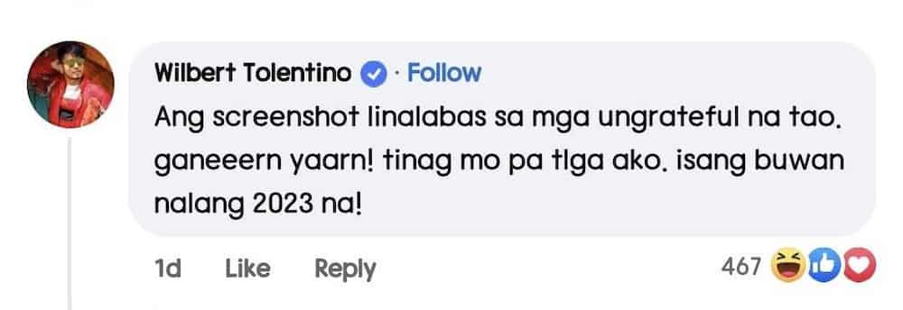Wilbert Tolentino, nag-react sa 'screenshot' post ng netizen: "Tinag mo pa"