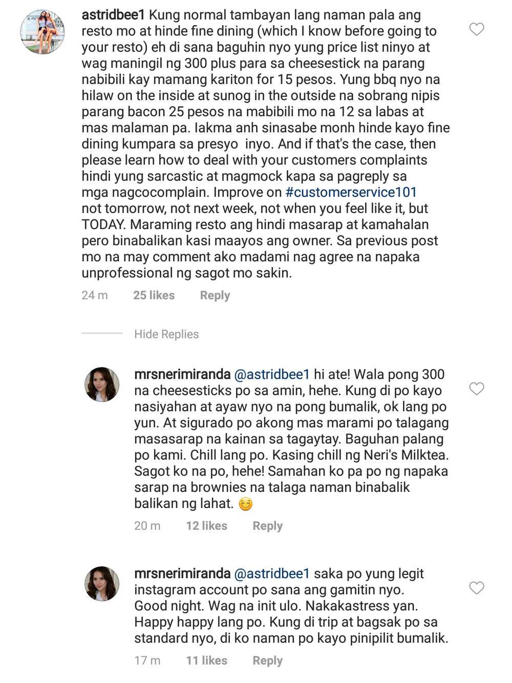 Neri Miranda, nakipagsagutan sa netizen matapos nitong okrayin ang kanyang restaurant