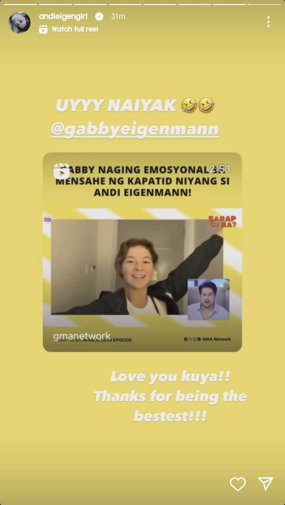 Andi Eigenmann teases her 'Kuya' Gabby Eigenmann for crying on-air: "Uy naiyak"