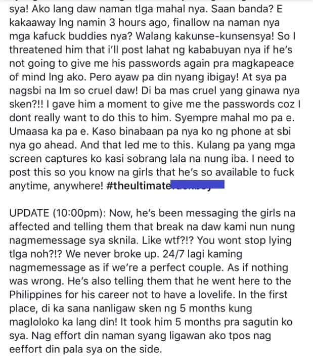 Arianne Bautista posts screenshots of messages regarding her cheating allegations against her ex-boyfriend