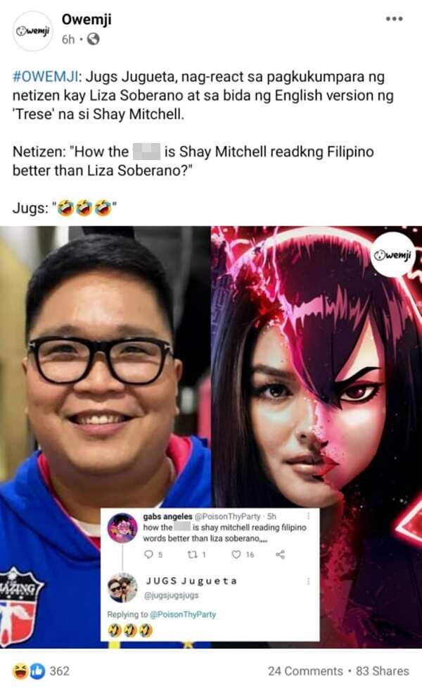 Jugs Jugueta reacts to netizen's post comparing Liza Soberano to Shay Mitchell