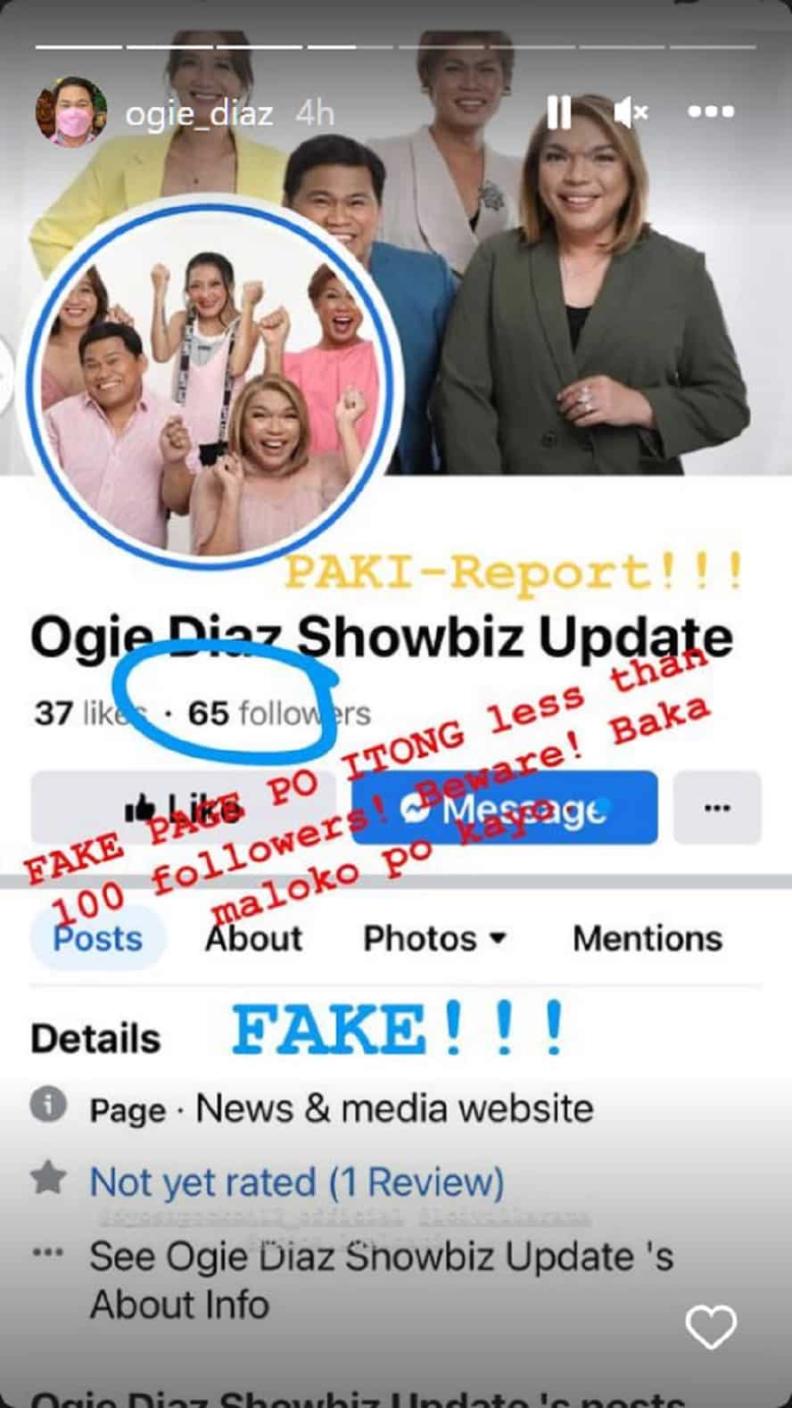 Ogie Diaz, nagbabala tungkol sa fake "Showbiz Update" page
