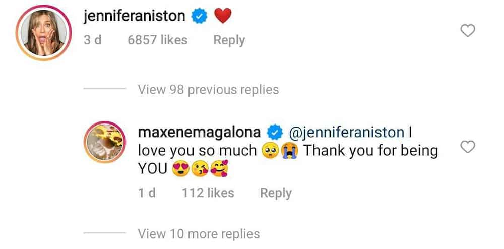 Maxene Magalona's gushes over Jennifer Aniston comment on her IG post
