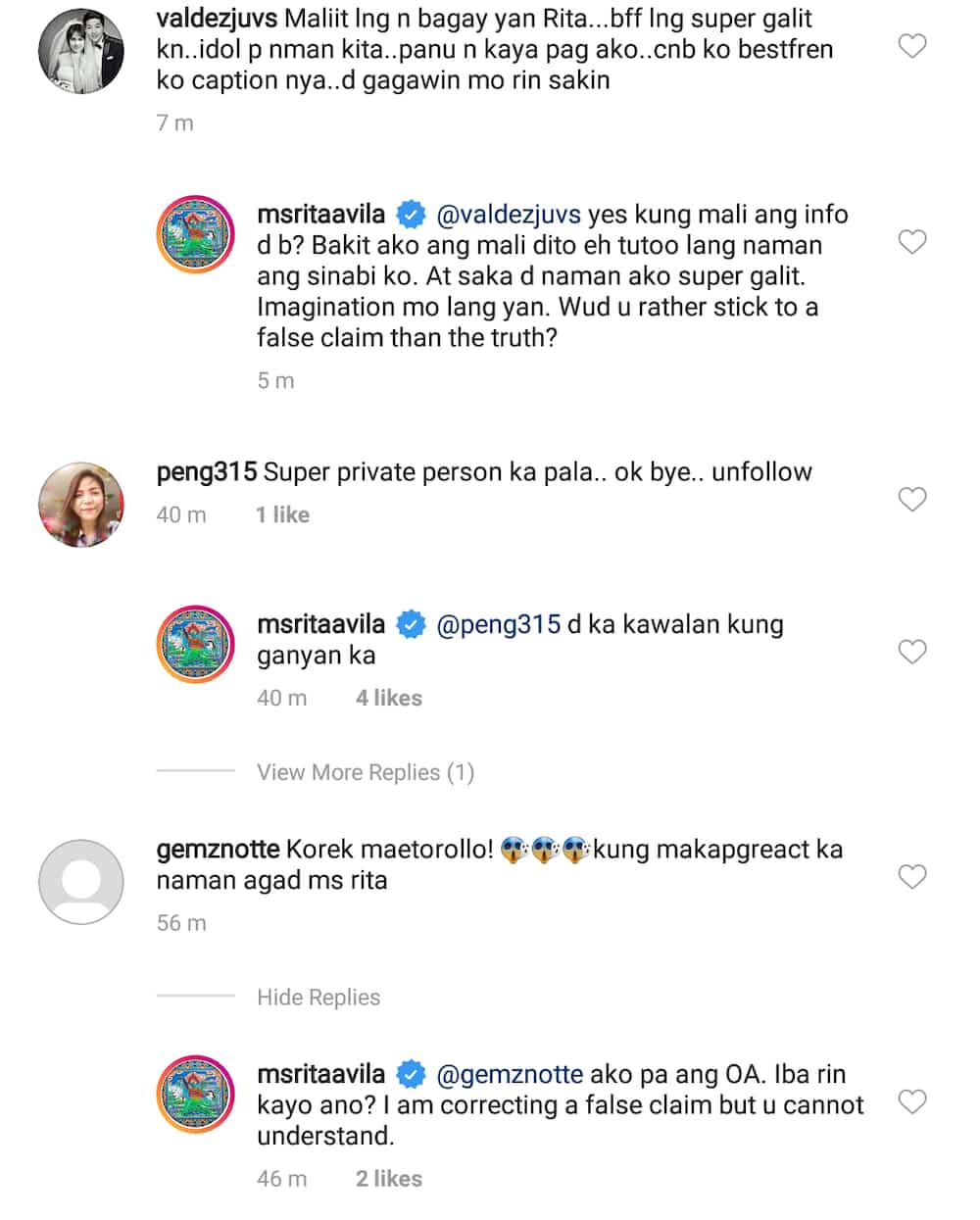 Rita Avila has heated argument with netizens after calling out person who claims to be her 'BFF'